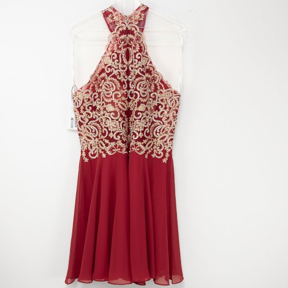 JVN By Jovani Evening Dress Chiffon Cocktail Embroidered Burgundy Gold 18 New - Picture 2 of 6